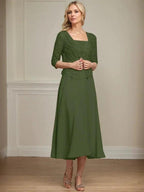 A-line Square Tea-Length Chiffon Lace Mother of the Bride Dress With Sequins Beading
