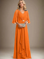 A-line V-Neck Floor-Length Chiffon Mother of the Bride Dress With Cascading Ruffles Crystal Brooch