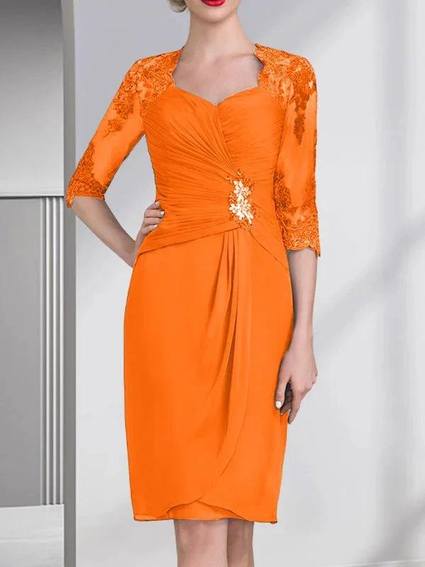 Sheath/Column Sweetheart Knee-Length Chiffon Mother of the Bride Dress With Beading Appliques Lace Sequins Pleated