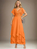 A-line V-Neck Ankle-Length Lace Chiffon Mother of the Bride Dress With Cascading Ruffles