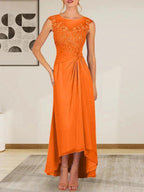 Champagne A-Line Scoop Lace Chiffon Dress