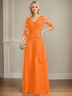 A-line V-Neck Floor-Length Lace Chiffon Mother of the Bride Dress With Cascading Ruffles Sequins