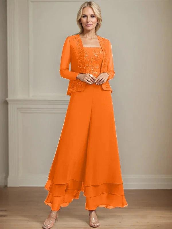 Separates Jumpsuit/Pantsuit Square Ankle-Length Lace Chiffon Mother of the Bride Dress With Sequins