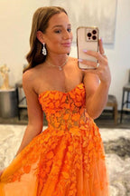 Orange Tulle Lace Long Prom Dress Orange Tulle Evening Dress PSK366