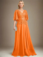 A-line V-Neck Floor-Length Chiffon Lace Mother of the Bride Dress With Crystal Brooch Rhinestone