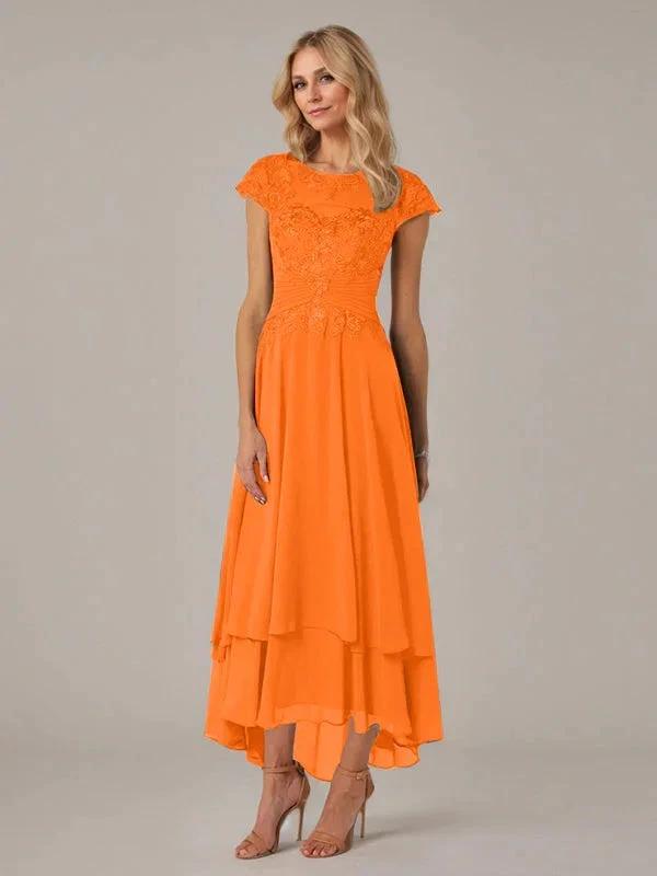 A-line Boat Neck Illusion Asymmetrical Chiffon Lace Mother of the Bride Dress With Applique Pleats