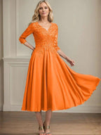 A-line V-Neck Tea-Length Chiffon Lace Mother of the Bride Dress With Beading Sequins