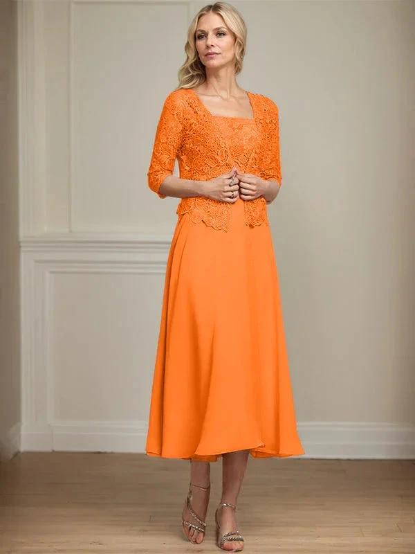 A-line Square Tea-Length Chiffon Lace Mother of the Bride Dress With Sequins Beading