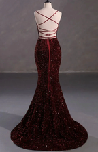 Slim Burgundy Shimmery Open Back Formal Prom Evening Dress Y4164