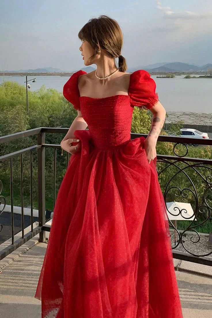 Pretty Red Tulle A Line Prom Dress Long Evening Dress Y7771
