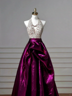 Classy Halter Purple Beaded Satin A Line Prom Dress Long Evening Dress Y8609