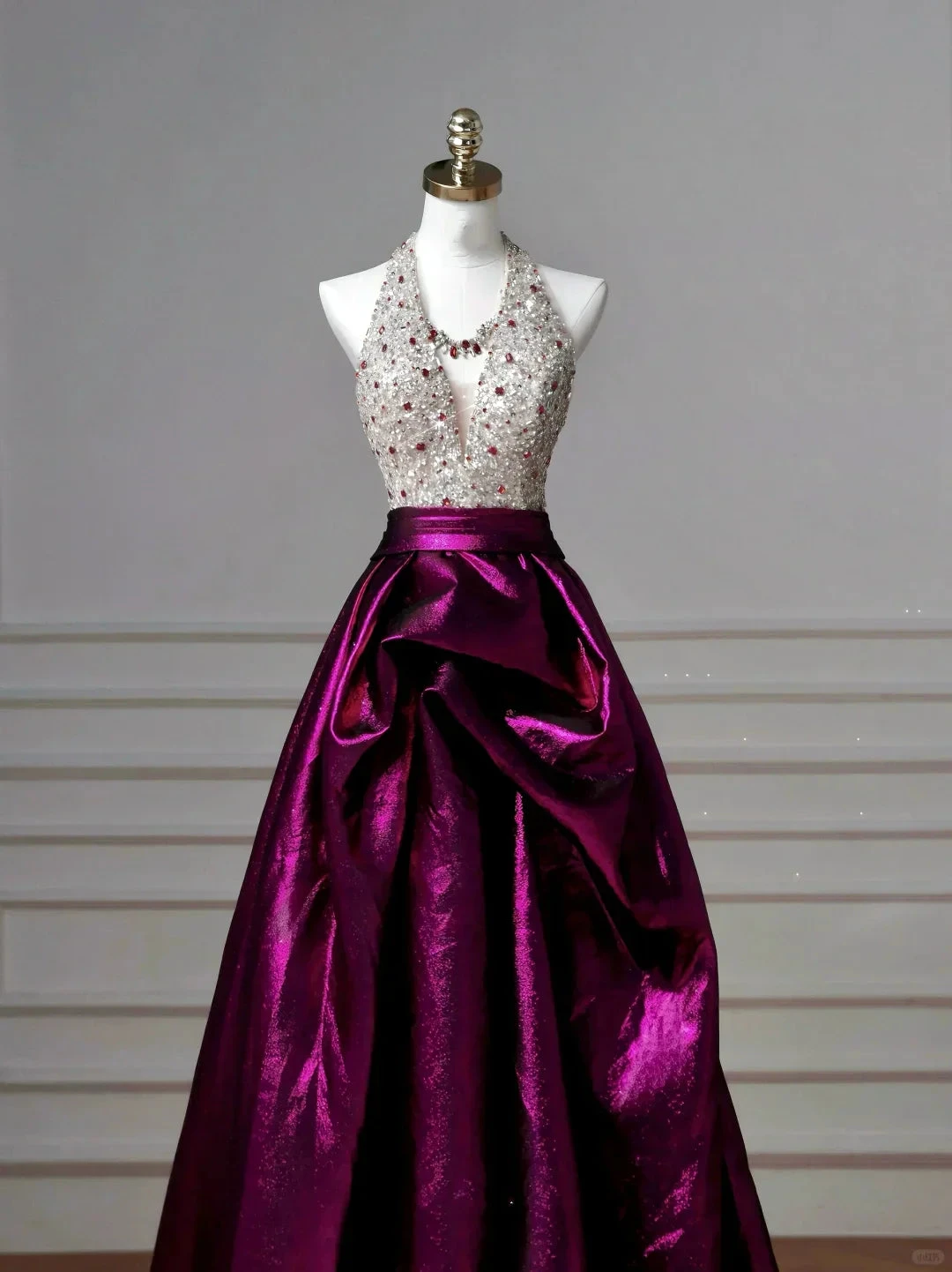 Classy Halter Purple Beaded Satin A Line Prom Dress Long Evening Dress Y8609