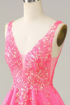 Fuchsia Sequined V Neck Backless Short Homecoming Dress Y4093