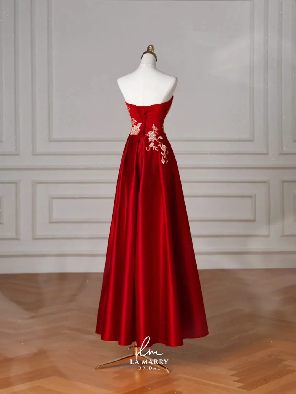 Gorgeous Red Satin Sequin Embroidery A Line Prom Dress Strapless Evening Dress Y8631
