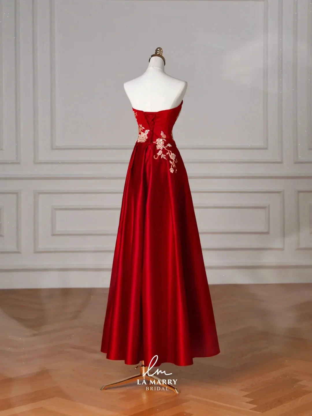 Gorgeous Red Satin Sequin Embroidery A Line Prom Dress Strapless Evening Dress Y8631