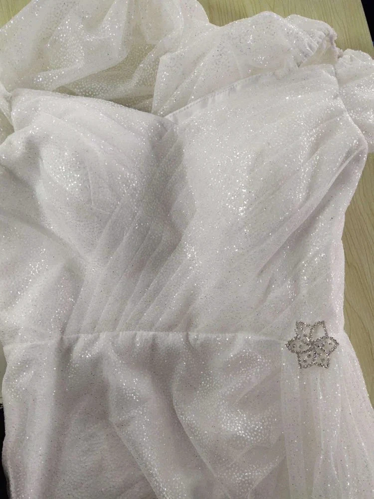 Short Puff Sleeve Wedding Dress Sweetheart Sparkly Modern Bridesmaid Dresses for Party Outfit Dress Y1208