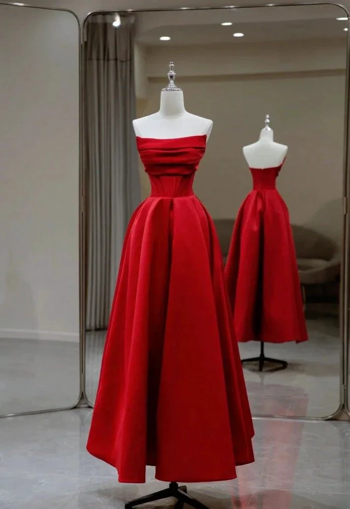Stylish Flat Neck Satin Backless Pleated Floor Length A Line Evening Gown Prom Dress Y6815