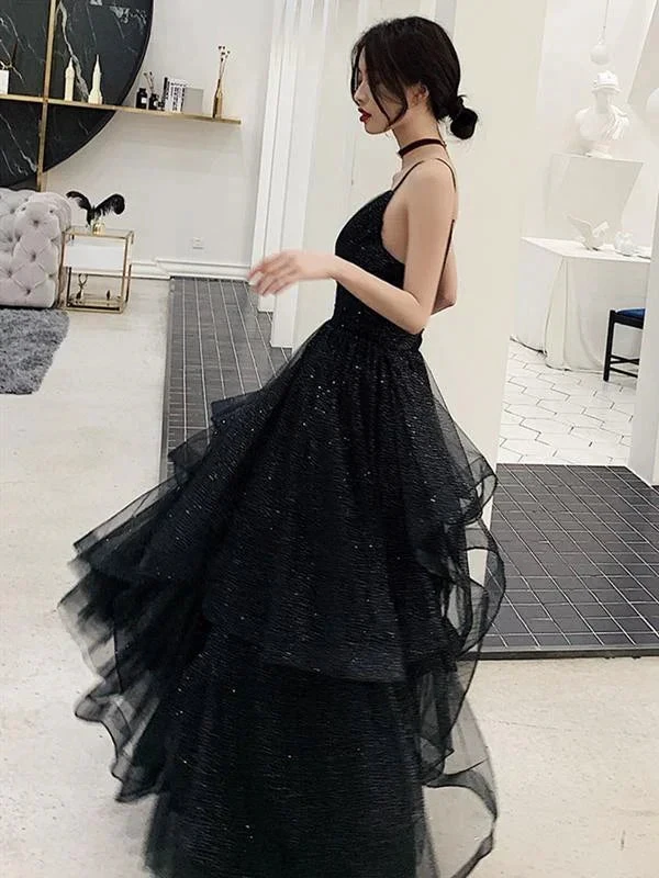 Shiny Black V Neck Prom Dresses, Backless Black V Neck Formal Evening Dress Y1767