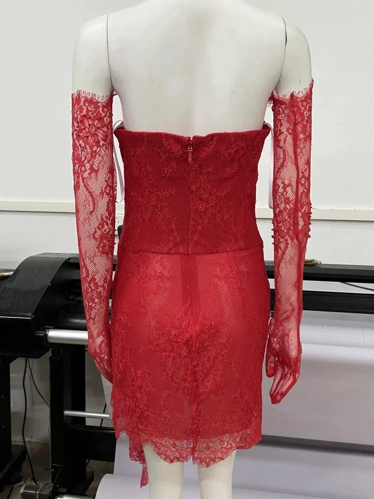 Red Lace Mini Homecoming Dress Red Party Gown Y7387