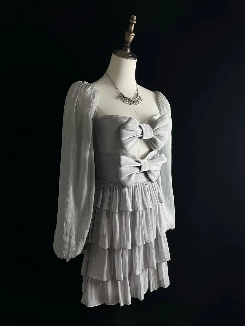 Cute Silver Gray Tulle Bow A Line Layered Short Party Dress Homecoming Dress Y8651