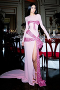Gorgeous Pink Chiffon Sequins Big Bow Split Evening Dress Long Prom Dress Y8474