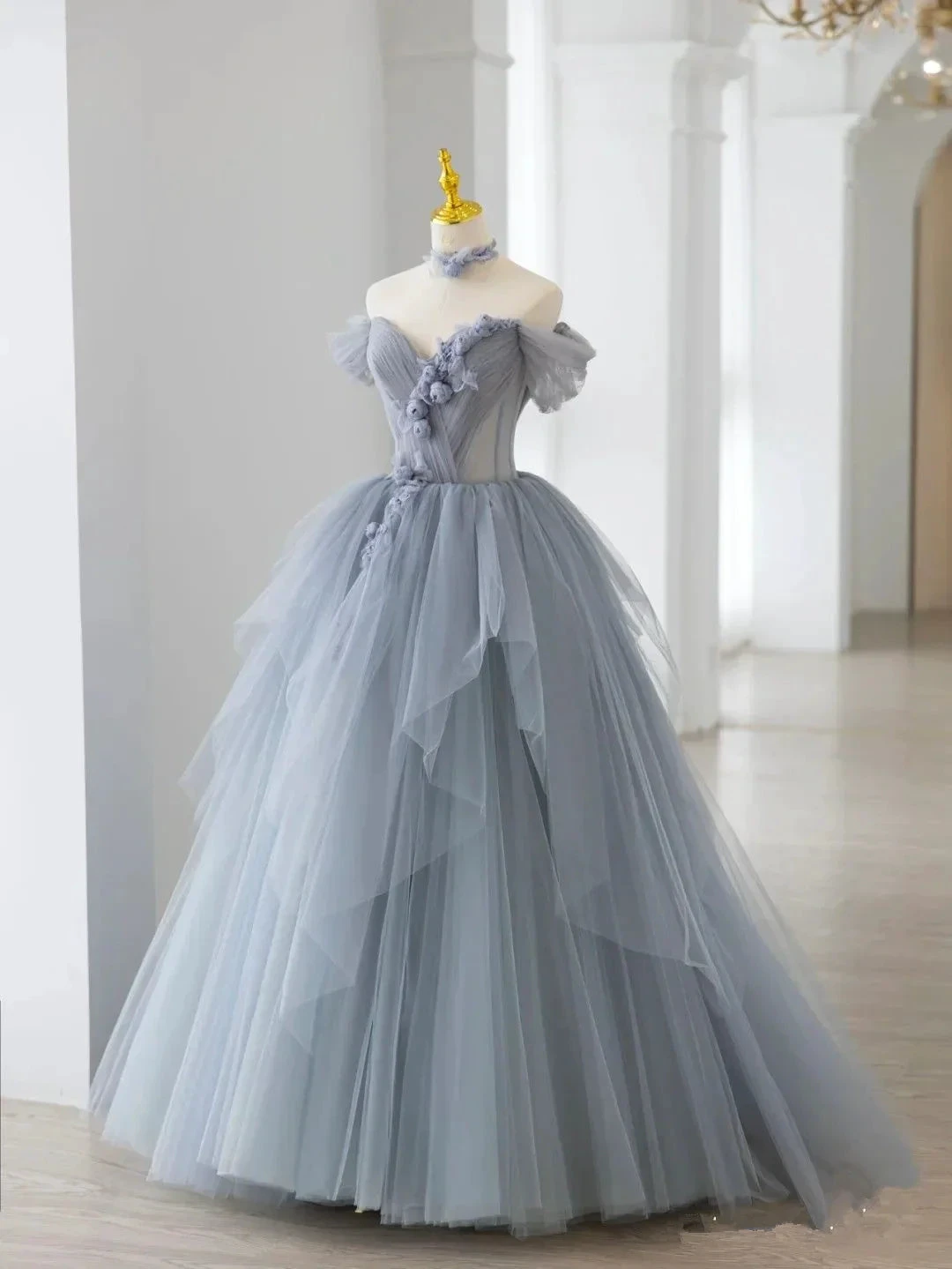 Smoke Gray Ball Gown Off The Shoulder Irregular Hem Sweet 16 Dress  Y2590