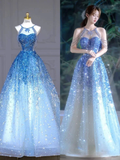 Gorgeous Blue Tulle Sequins Beaded Evening Dress Shiny Formal Prom Dress Y8352