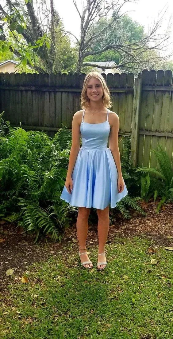 Blue A-line Satin Homecoming Dress 18th Graduation Dress Y4040