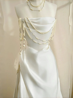 Classy Strapless Satin Pearls Chain White Prom Dress A Line Evening Dress Y8684