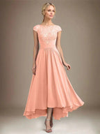 A-line Scoop Illusion Asymmetrical Lace Chiffon Mother of the Bride Dress With Pleated