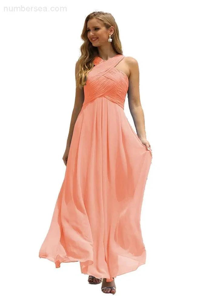 Numbersea Women Halter Chiffon Bridesmaid Dress A-line Long Formal Prom Gown SEA28015