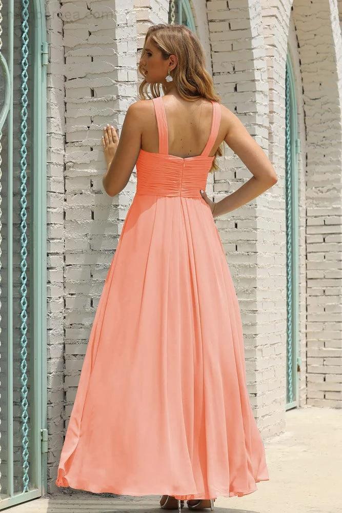 Numbersea Women Halter Chiffon Bridesmaid Dress A-line Long Formal Prom Gown SEA28015