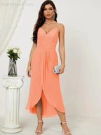 Numbersea Spaghetti Chiffon V Neck Bridesmaid Dress Mid-Length Slit Formal Prom Dress Homecoming Dress 2803