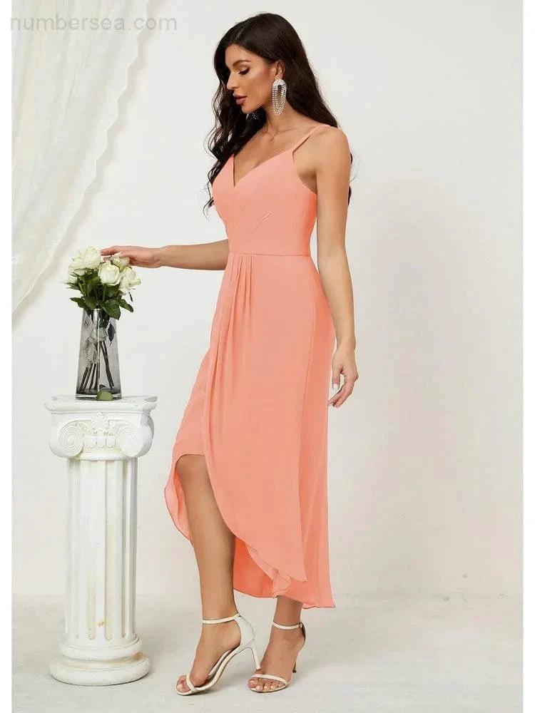 Numbersea Spaghetti Chiffon V Neck Bridesmaid Dress Mid-Length Slit Formal Prom Dress Homecoming Dress 2803