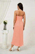 Numbersea Spaghetti Chiffon V Neck Bridesmaid Dress Mid-Length Slit Formal Prom Dress Homecoming Dress 2803