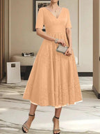 A-line V-Neck Tea-Length Tulle Lace Mother of the Bride Dress With Pleated