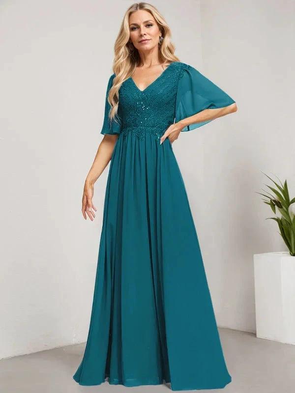 A-line V-Neck Floor-Length Lace Chiffon Mother of the Bride Dress With Sequins
