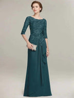 A-line Scoop Illusion Floor-Length Lace Chiffon Mother of the Bride Dress With Cascading Ruffles