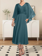 A-line V-Neck Tea-Length Chiffon Lace Mother of the Bride Dress With Beading Sequins