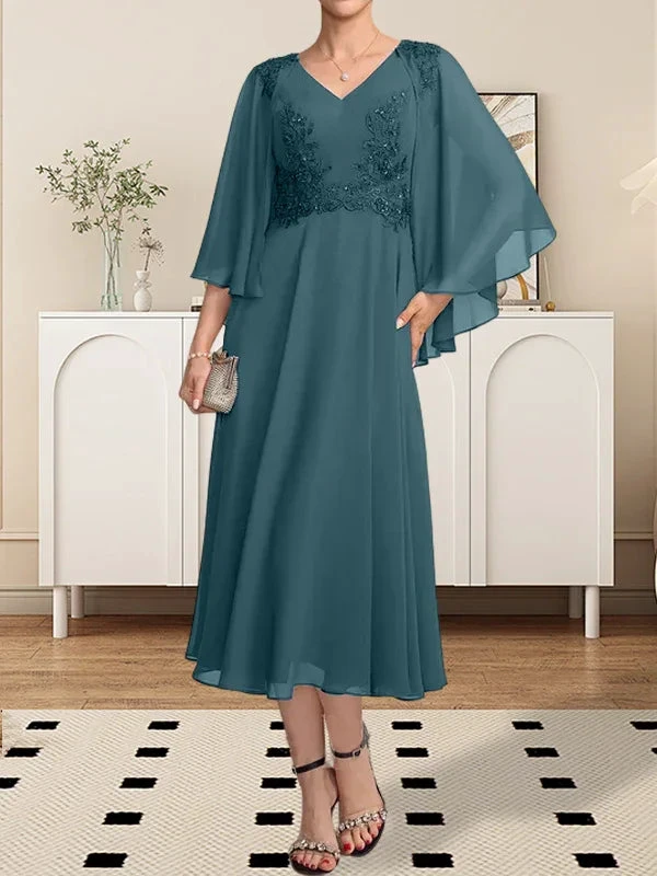 A-line V-Neck Tea-Length Chiffon Lace Mother of the Bride Dress With Beading Sequins