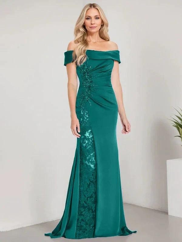 A-Line Off the Shoulder Floor-Length Mother of the Bride Dress Applique Beadings Mermaid Dress With  High Split