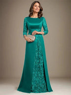 A-Line Scoop Floor-Length Lace Satin Mother Of the Bride Dress With Applique