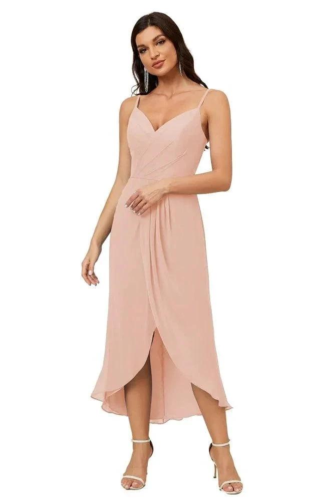 Numbersea Spaghetti Chiffon V Neck Bridesmaid Dress Mid-Length Slit Formal Prom Dress Homecoming Dress 2803