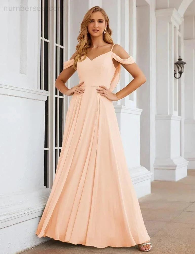 Numbersea Cold Shoulder Chiffon Bridesmaid Dresses Long Maxi Formal Prom Gowns for Women Party  SEA28059