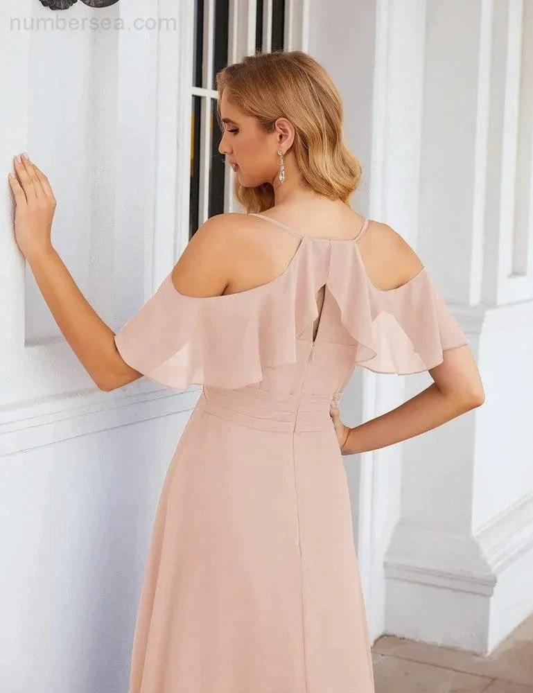 Numbersea Chiffon Cold Shoulder Long Bridesmaid Dresses Plus Size Formal Prom Gowns for Women Party Wedding  SEA28070