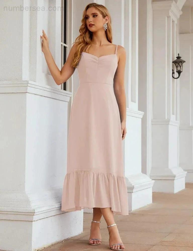Numbersea  Spaghetti Strap Chiffon Bridesmaid Dress Ankle Length Formal A Line Cocktail Party Homecoming Dress for Juniors  SEA28028