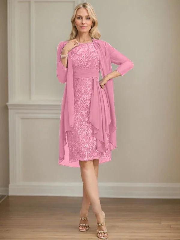 Sheath/Column Scoop Illusion Knee-Length Lace Chiffon Mother of the Bride Dress With Cascading Ruffles Sequins