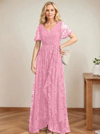 A-Line V-Neck Asymmetrical Lace Mother of the Bride Dress With Cascading Ruffles