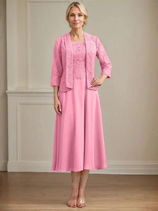 A-line Scoop Tea-Length Lace Chiffon Mother of the Bride Dress
