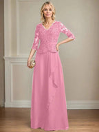 A-line V-Neck Floor-Length Lace Chiffon Mother of the Bride Dress With Cascading Ruffles Sequins